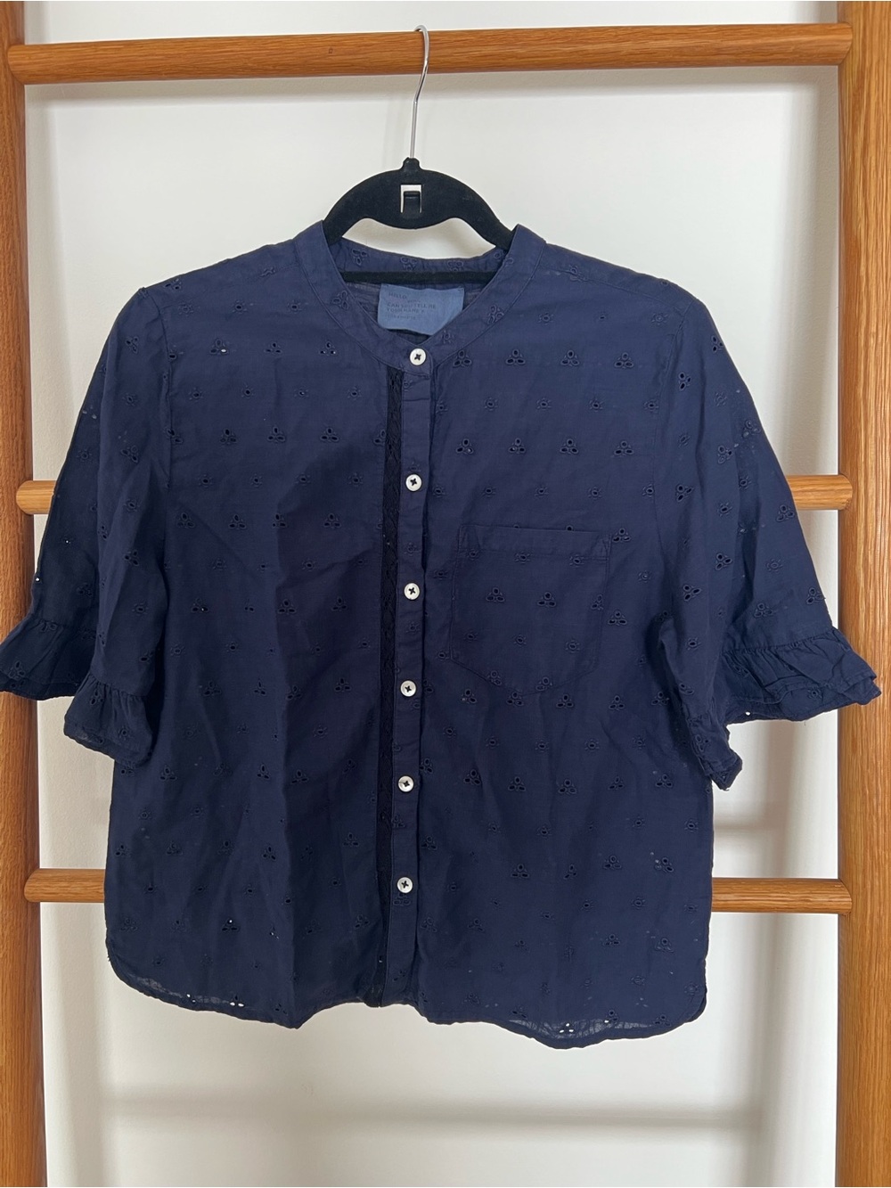 Leon & Harper Navy Blue Eyelet Short Sleeve Button Down Blouse Top